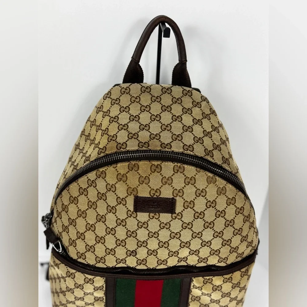 Gucci GG Supreme Cambas Web Monogram Beige and Green Backpack